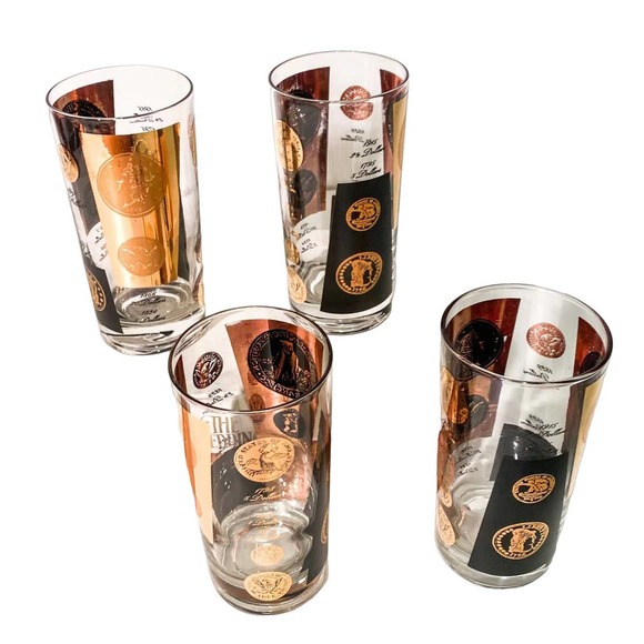 Mid-Century Cera Glass Gold Coin Highball Glasses MCM Barware 1960's - Picture 4 of 4